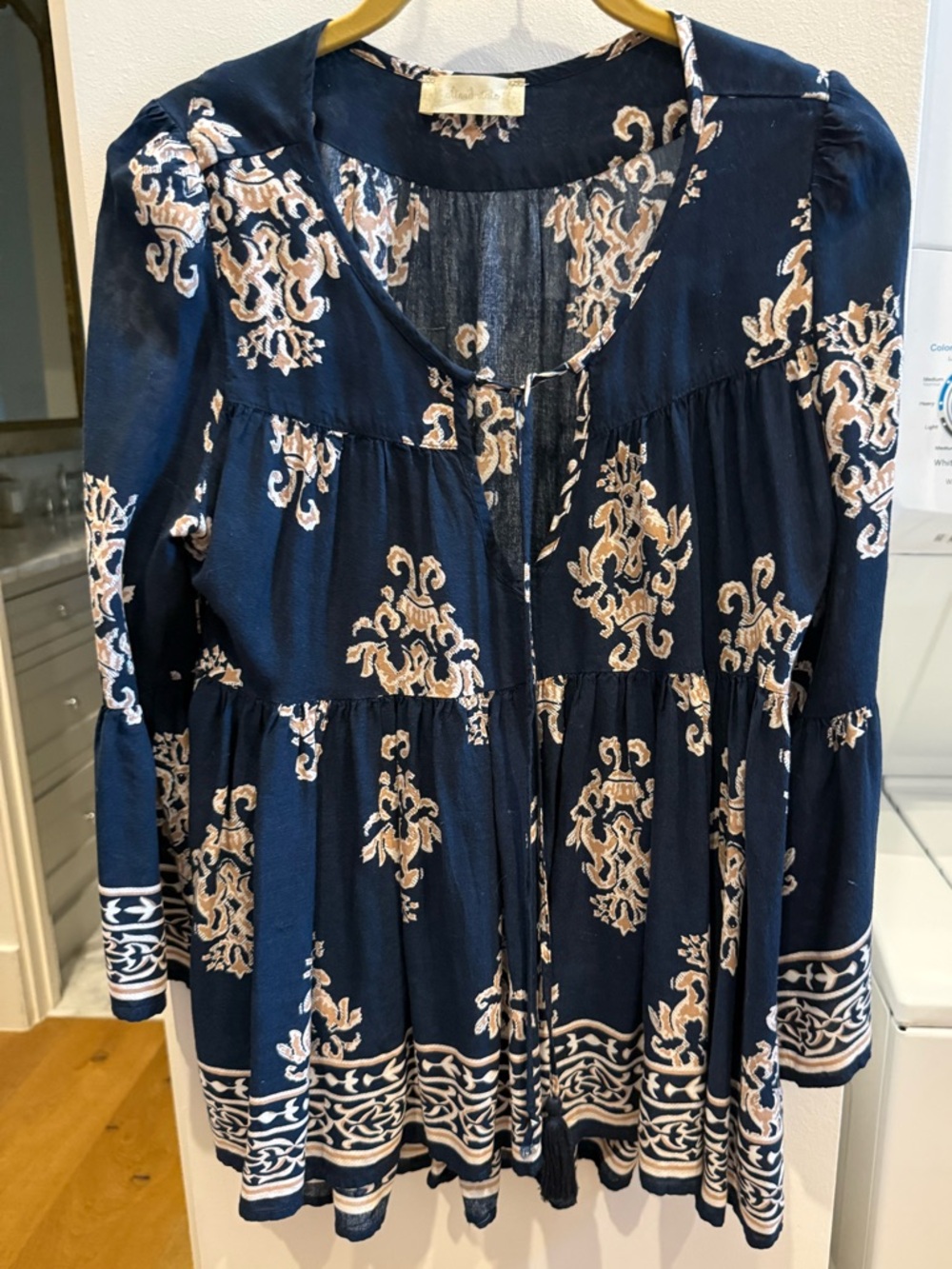 Altar'd State Navy and Cream Printed Peasant Blouse